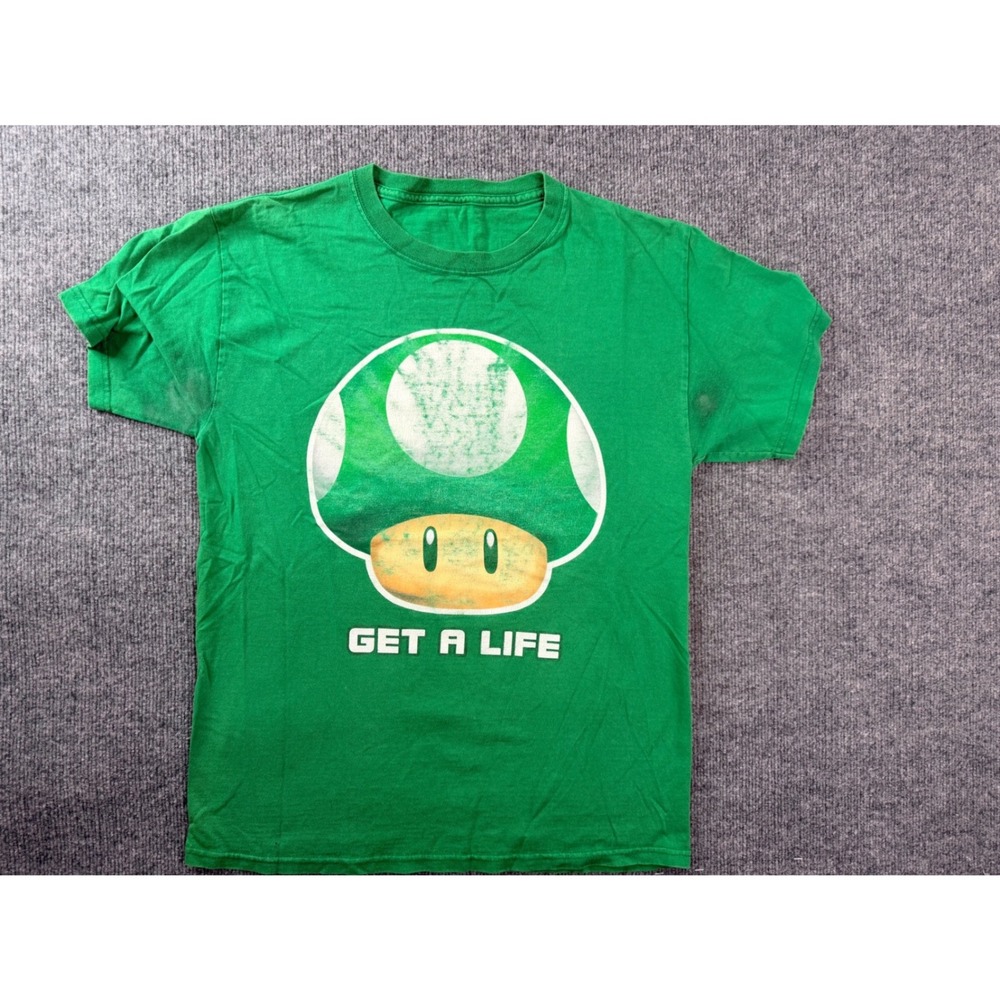 Nintendo Super Mario 1-Up Mushroom Get A Life Green Graphic Tee Shirt Mens S Y2K